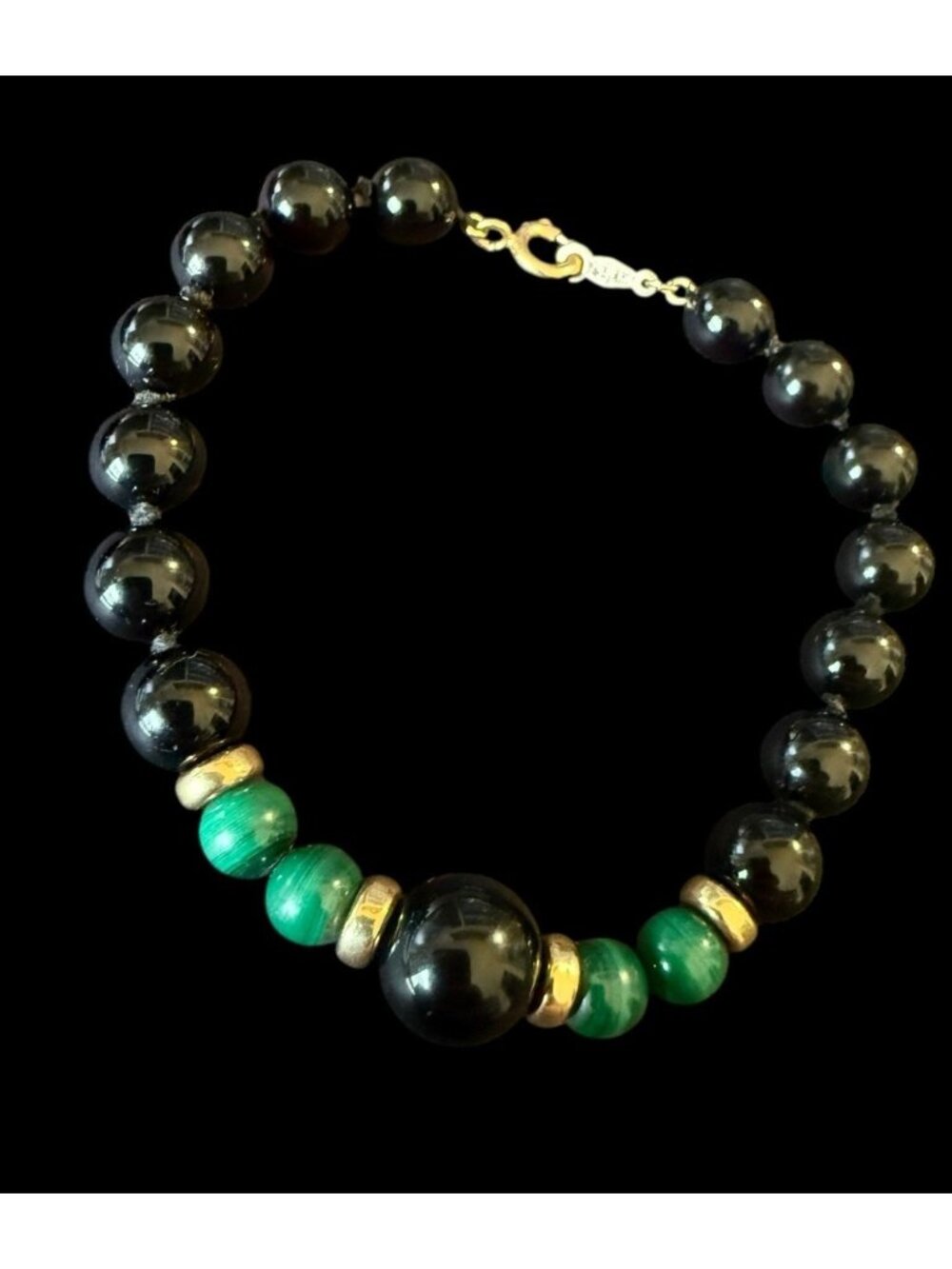 Signed 14k IPS Round Black Onyx Green Malachite Knotted Beaded Bracelet 7.25”